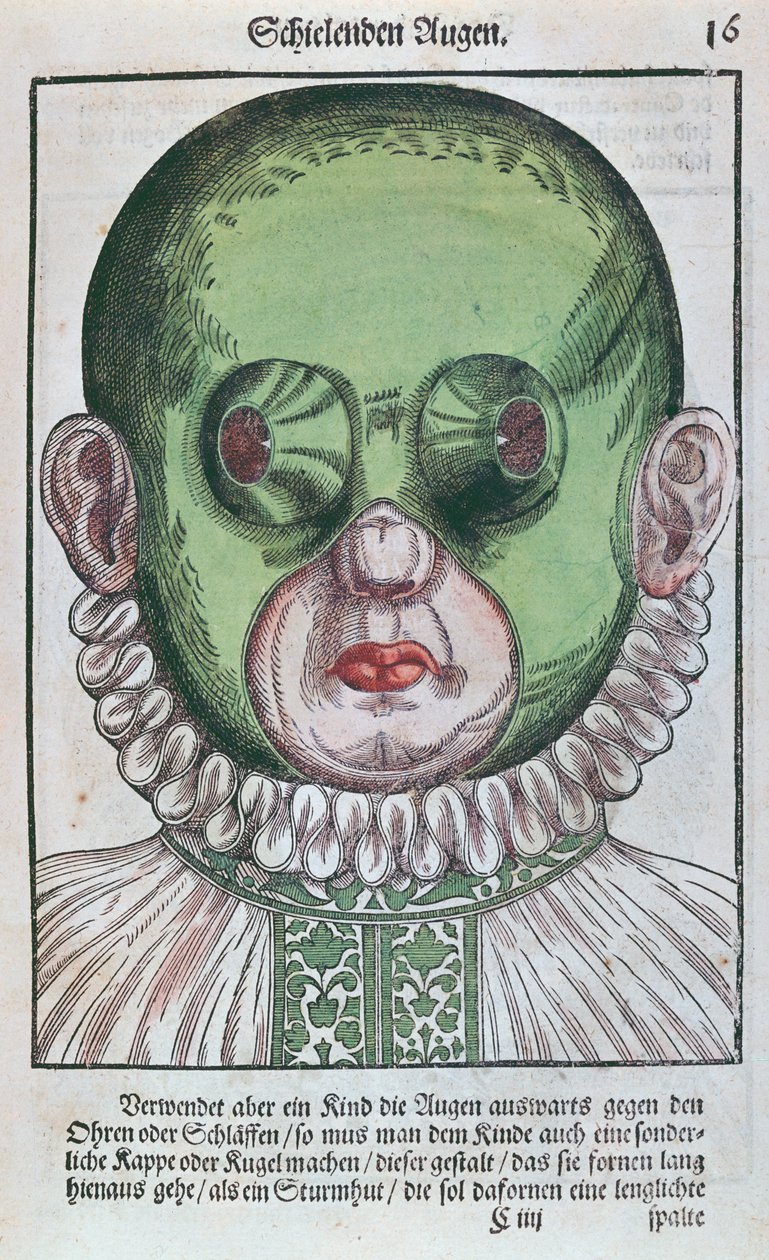 Maska na léčbu šilhání, z Ophthalmodouleia od Georga Bartische (1535-1636), vydaná v Drážďanech v roce 1583 (barevný dřevořez) od German School