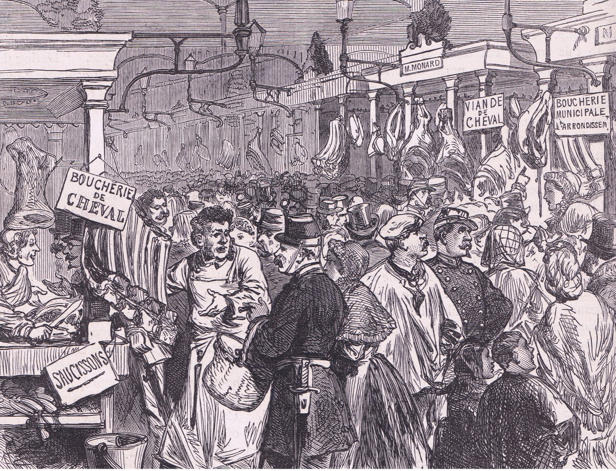 Masný trh v Paříži, Cassellova historie války mezi Francií a Německem vydaná společností Cassell and Company Limited, kolem roku 1890 (litho) od German School