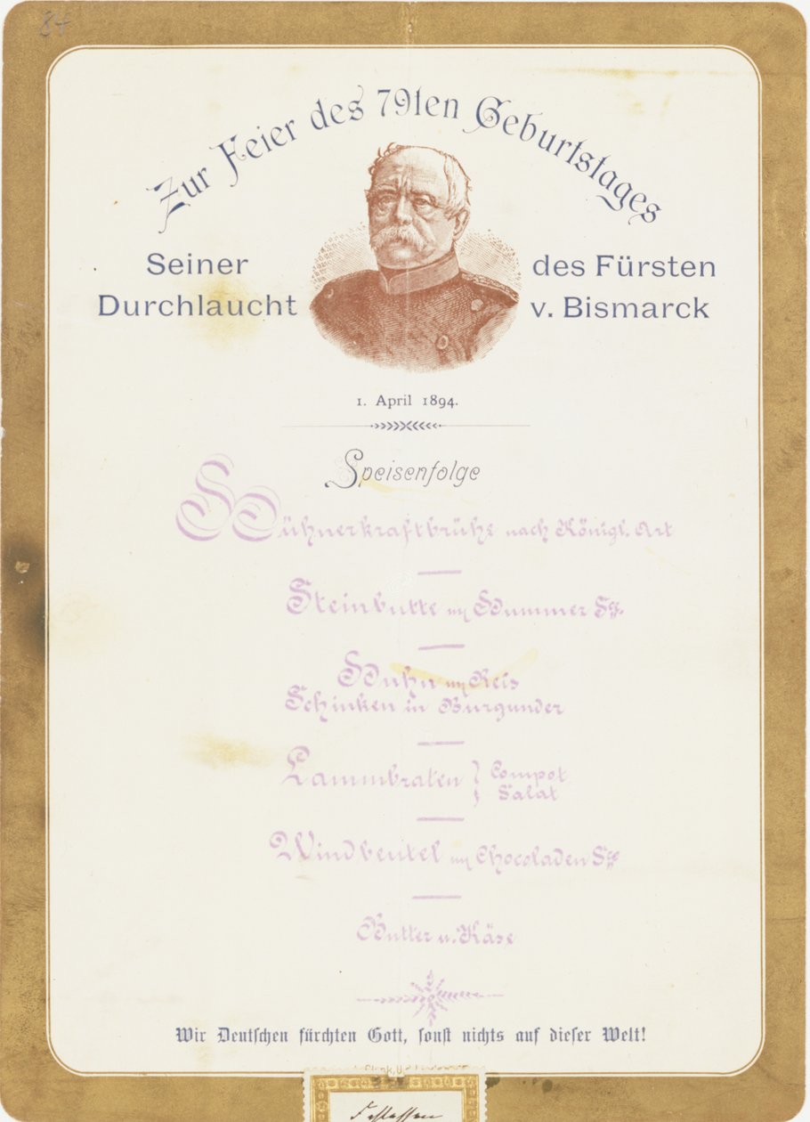Menu na oslavě 79. narozenin knížete von Bismarcka 1. dubna 1894 od German School