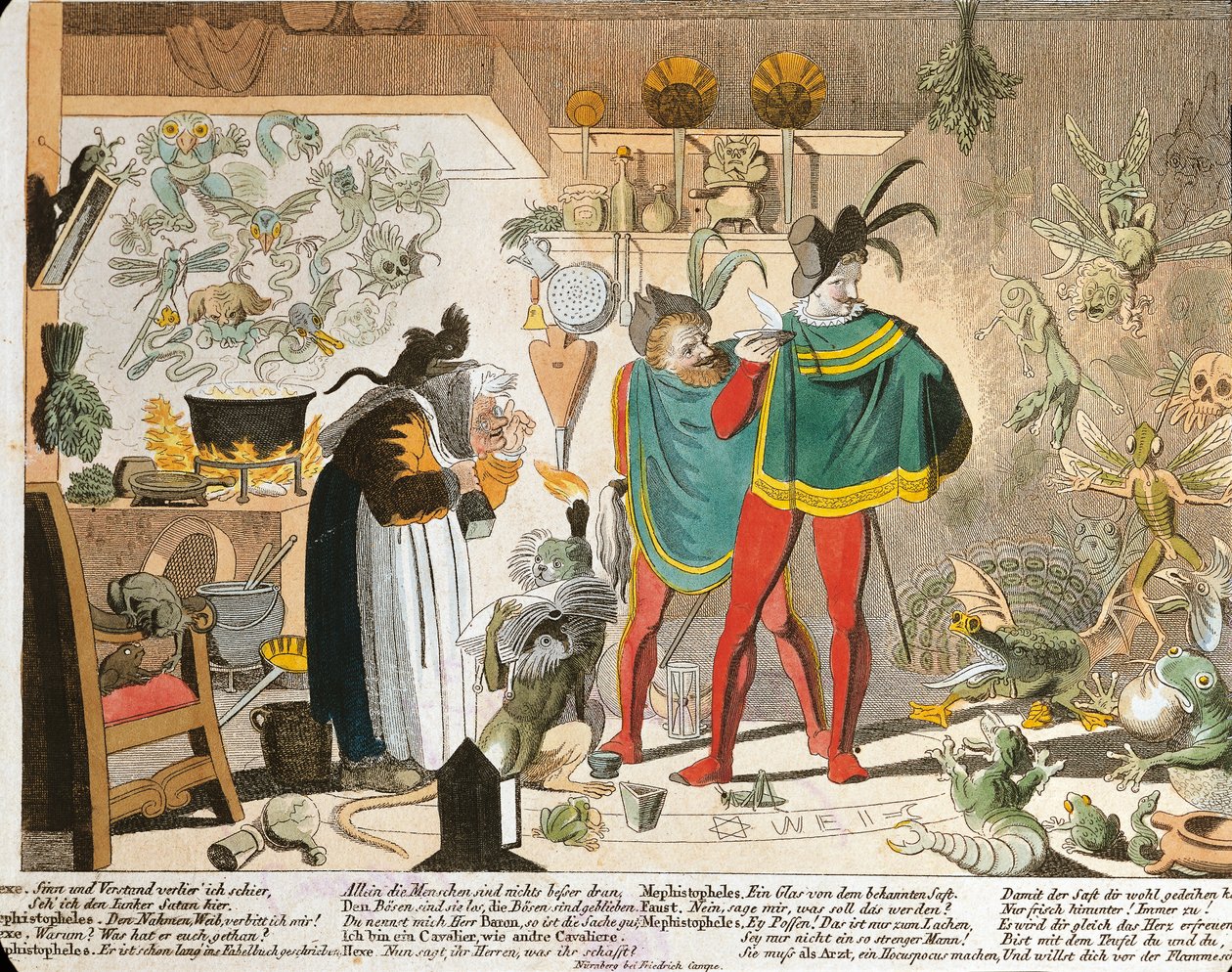 Mefistofeles inspirovaný Faustem (barevná rytina) od German School