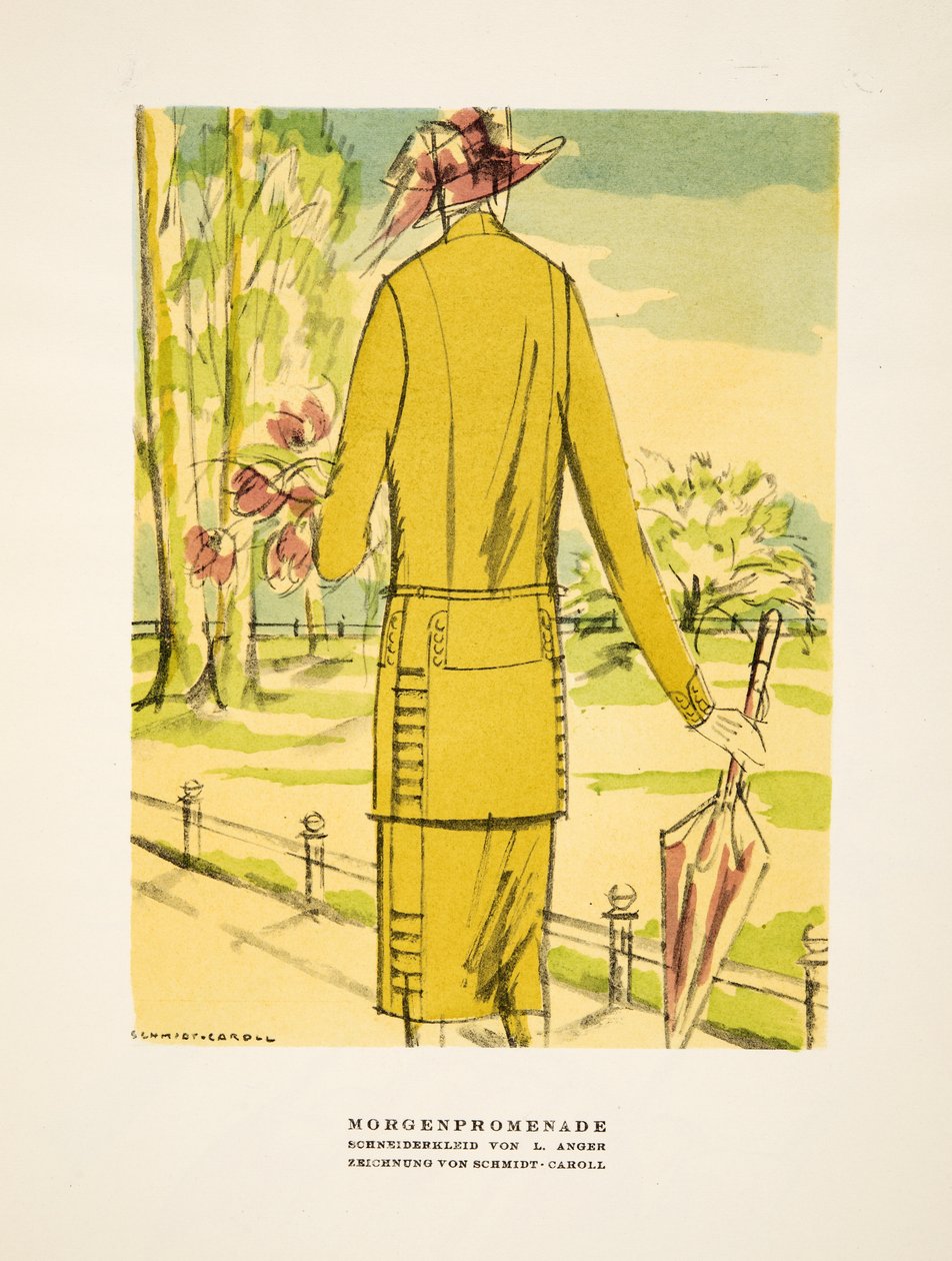 "Morgenpromenade", reklama na oděvy L. Angera, ze Stylu, vyd. 1922 (pochoárový tisk) od German School