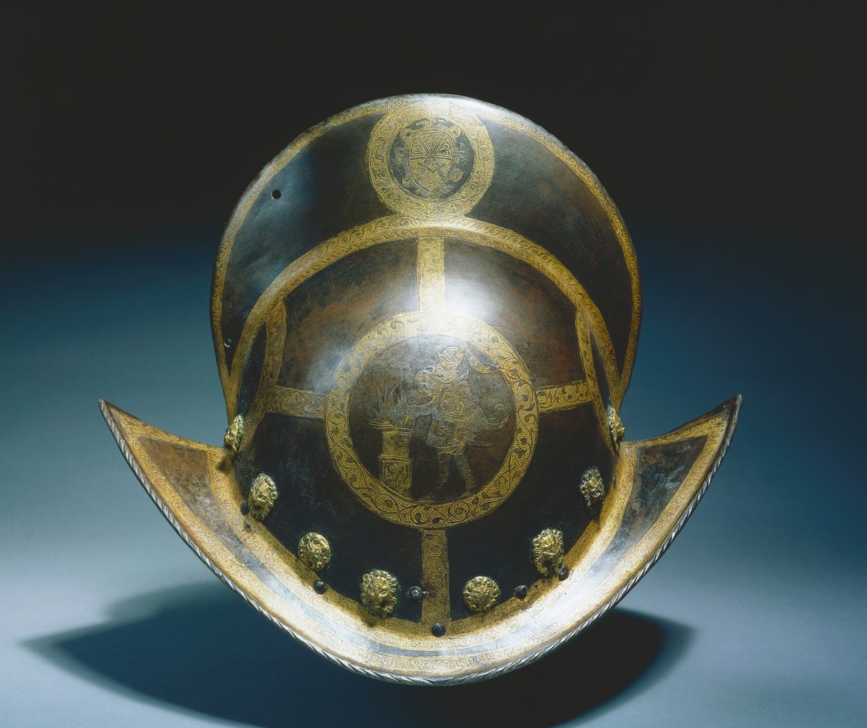 Morion ze Státní gardy kurfiřta Kristiána I. Saského, Norimberk, kolem 1580-91 (leptaná a zlacená rezavá ocel) od German School