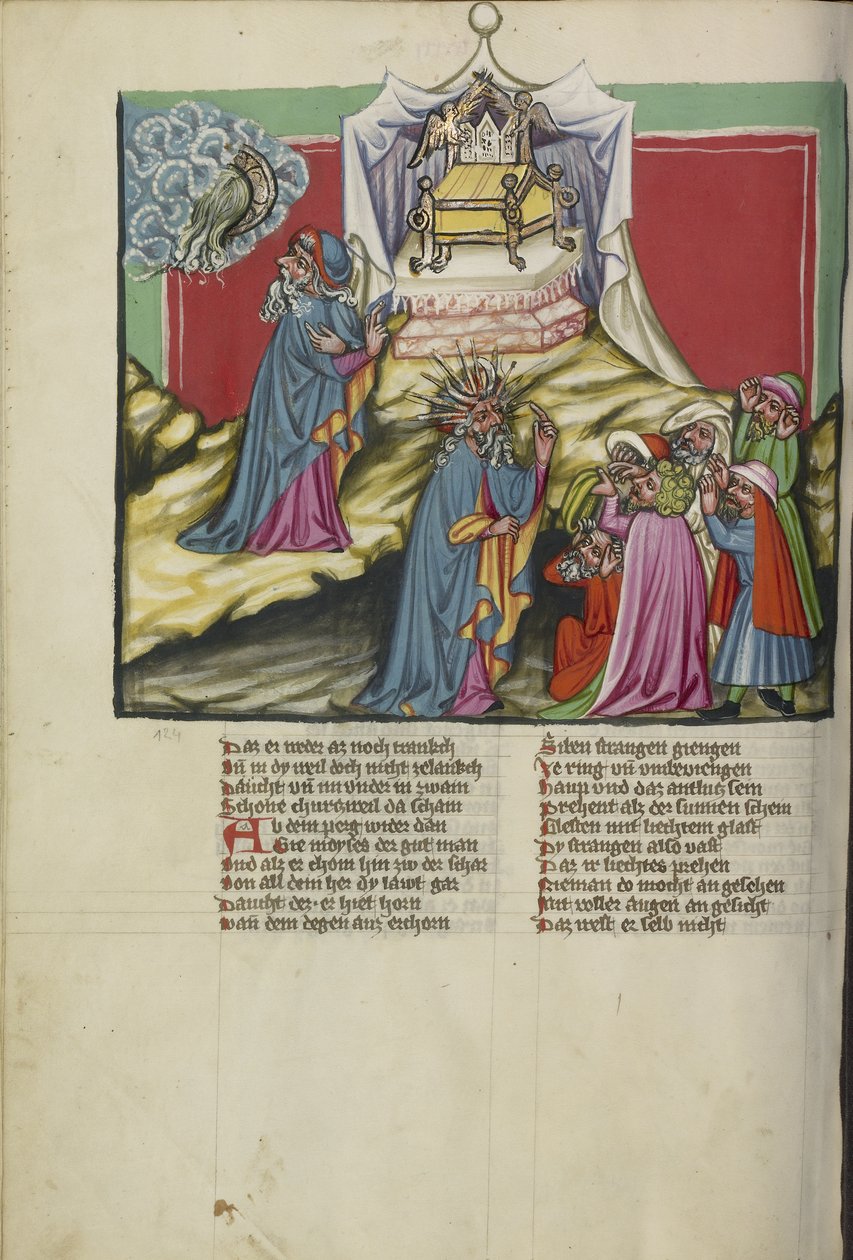 Mojžíš a archa úmluvy z Weltchroniku Ms 33 fol.89v, kolem 1400-10 (tempera, zlatá a stříbrná barva, inkoust na pergamenu) od German School