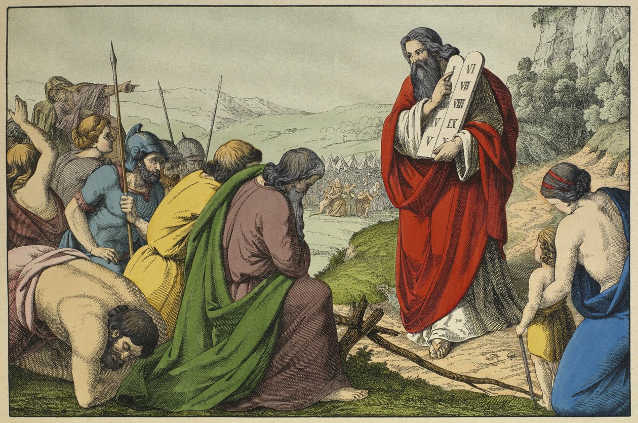 Mojžíš a desky Zákona, ilustrace z knihy LAncien Testament, kterou vydal Jakob Ferdinand Schreiber, Esslingen (barevná rytina) od German School