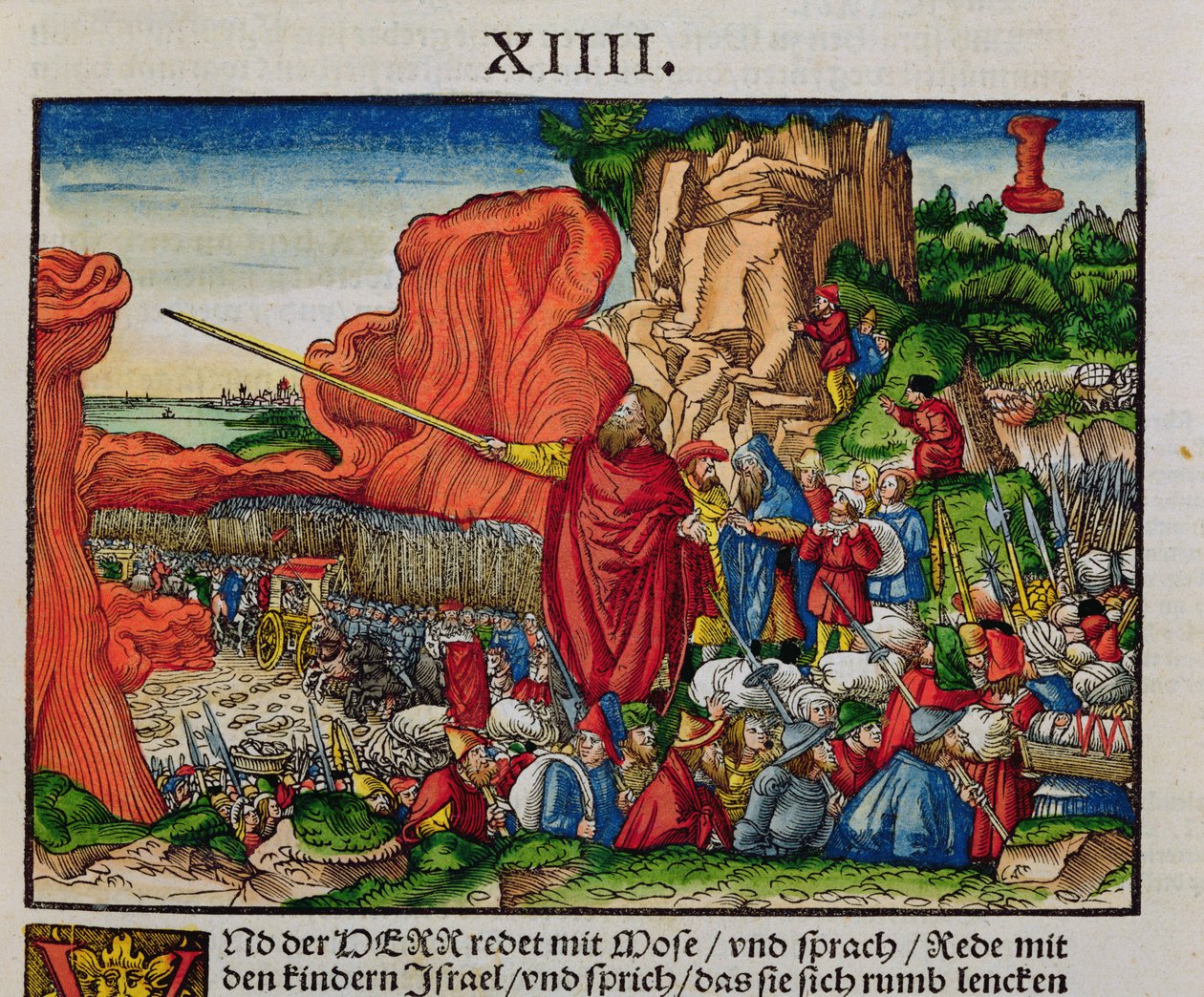 Mojžíš překračující Rudé moře, z Lutherovy bible, kolem roku 1530 (barevný dřevoryt) od German School