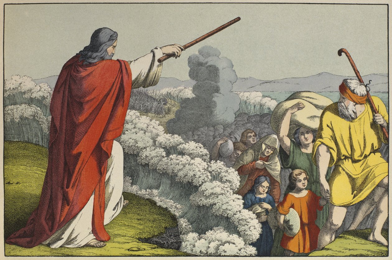 Mojžíš rozděluje vody Rudého moře, ilustrace z LAncien Testament, vydáno Jakobem Ferdinandem Schreiberem, Esslingen (barevná rytina) od German School