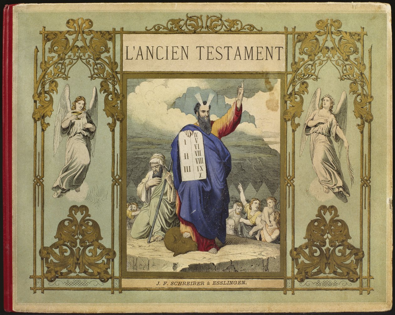 Mojžíš dostává desky Zákona od Boha na hoře Sinaj, přední ilustrace z LAncien Testament, vydal Jakob Ferdinand Schreiber, Esslingen (barevná rytina) od German School