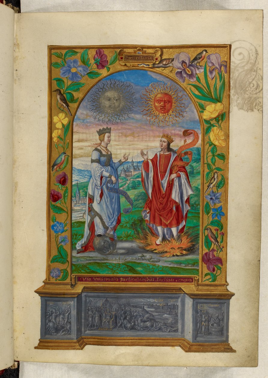 Paní Harley 3469 f.10 Miniatura krále a královny se svitky, z 