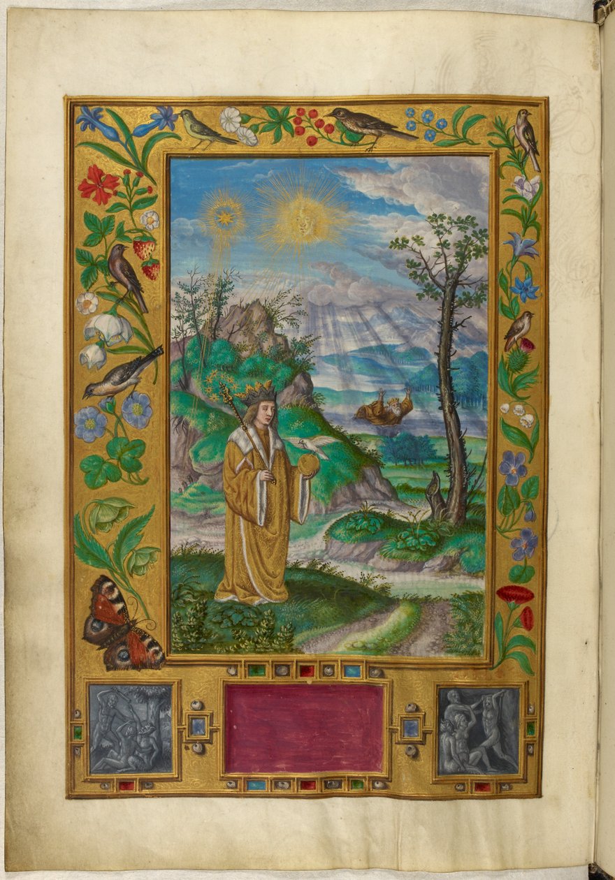 Paní Harley 3469, f.16v Korunovaná figura s žezlem a míčem, Třetí podobenství, z 