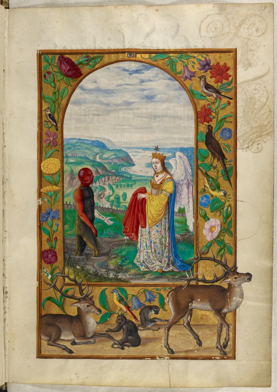 Paní Harley 3469, f.18 Queen nabízí roucho muži v bazénu, čtvrté podobenství, z filmu „Splendor Solis“ od Salomona Trismosina od German School