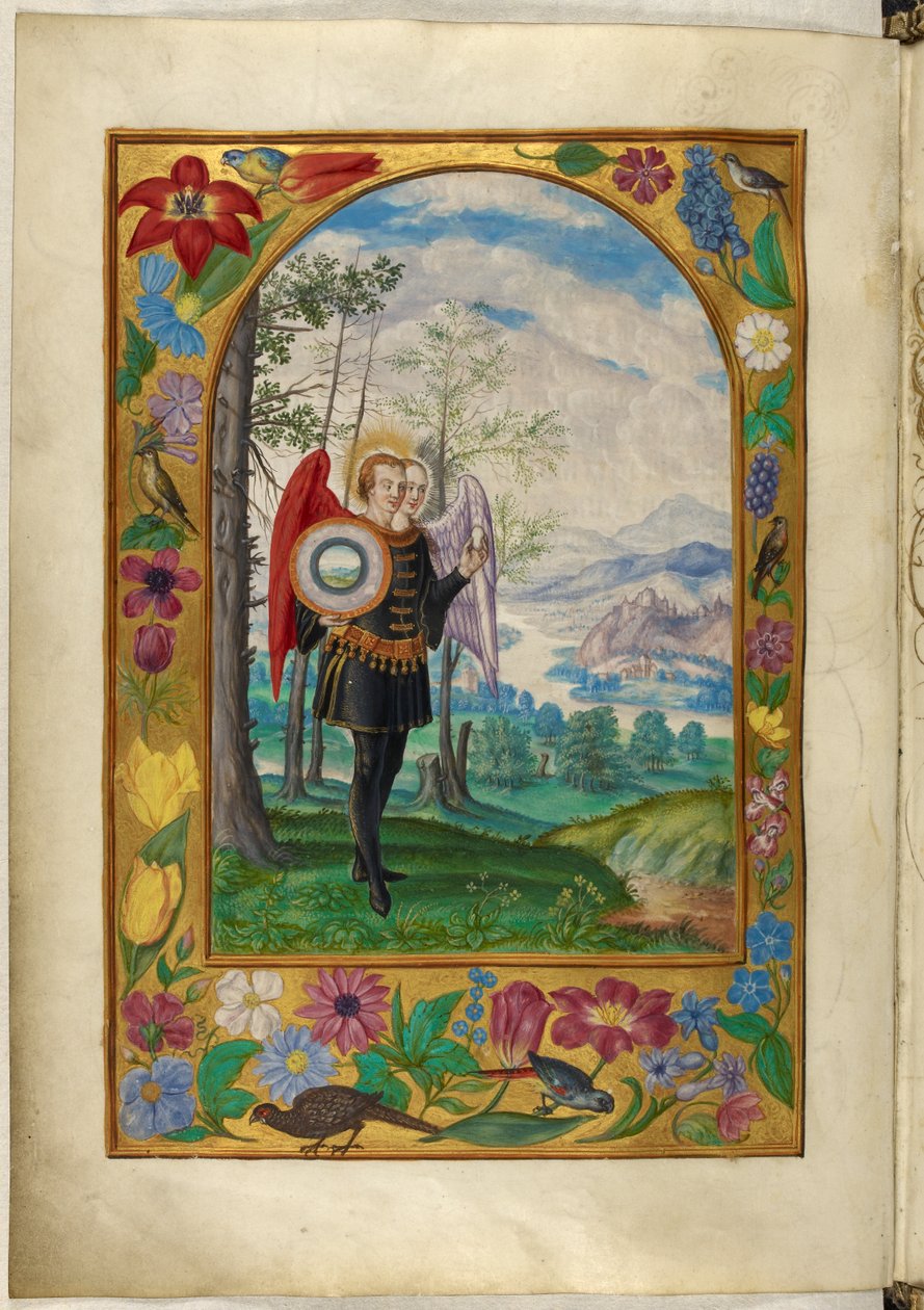 Paní Harley 3469, f.19v Dvouhlavá okřídlená postava, Páté podobenství, z 