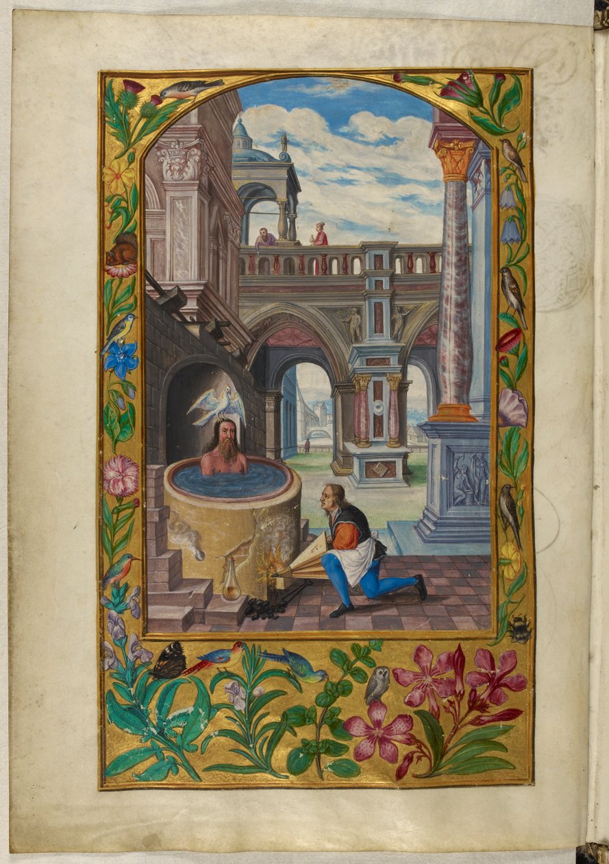 Paní Harley 3469, f.21v Muž koupající se na nádvoří, Sedmé podobenství, z 