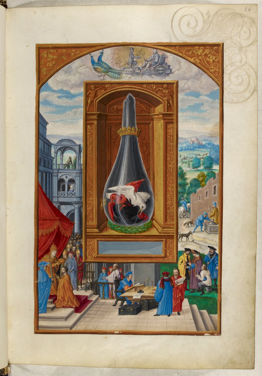 Paní Harley 3469, f.24 Tři ptáci bojující v baňce, Čtvrté pojednání, z 