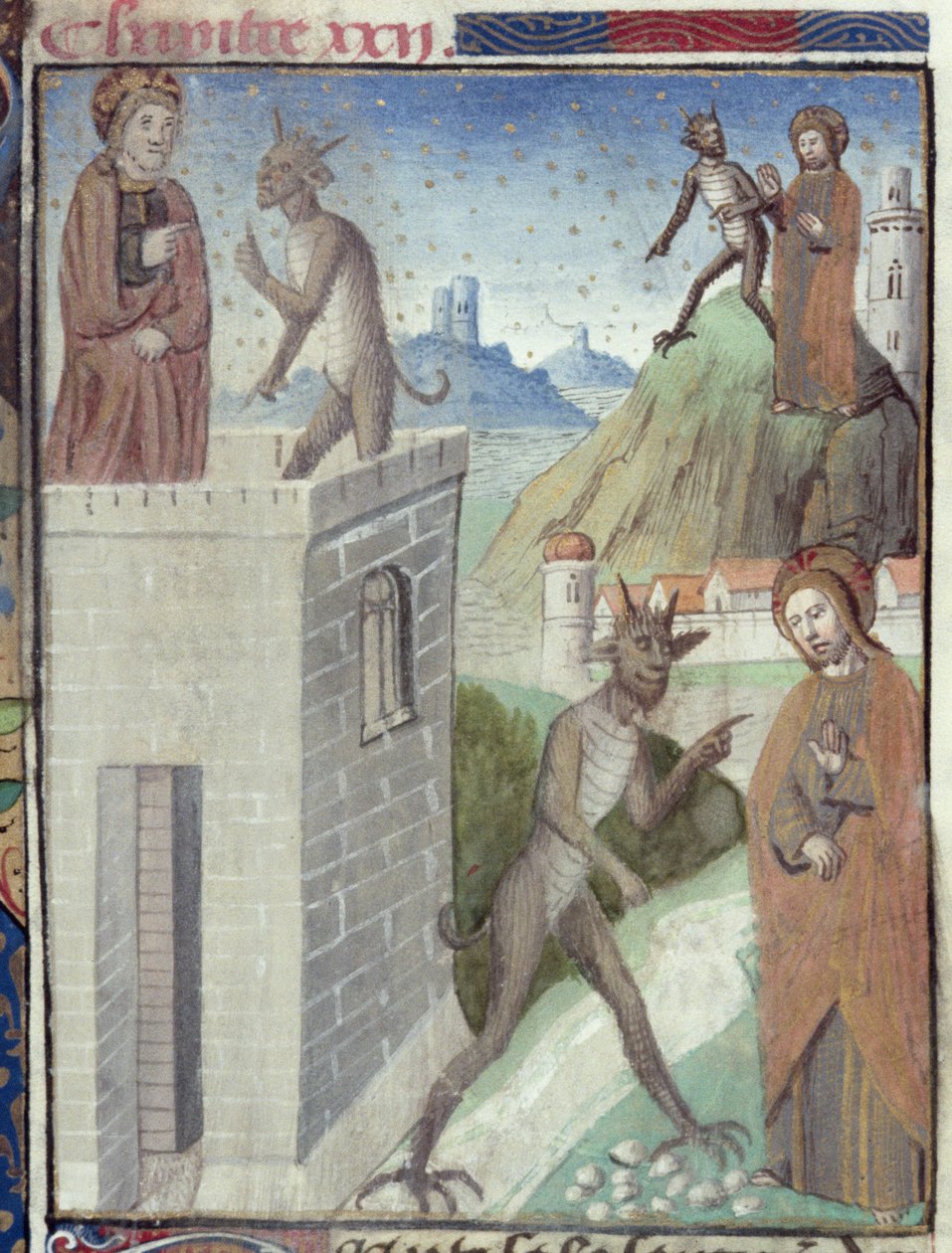 Ms Hunter 36 f.110r Tři scény pokušení, z Vita Christi, Ludolf Saský, asi 1300-7778 od German School