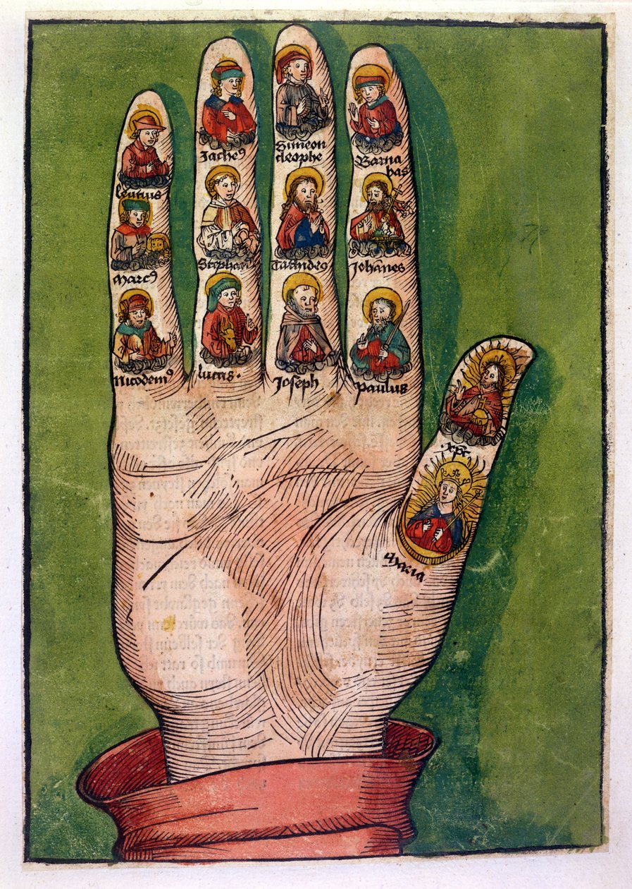 Mystická ruka Bridget Švédské zobrazující Krista, Pannu Marii, apoštoly a další, 1491 (ručně kolorovaná rytina) od German School