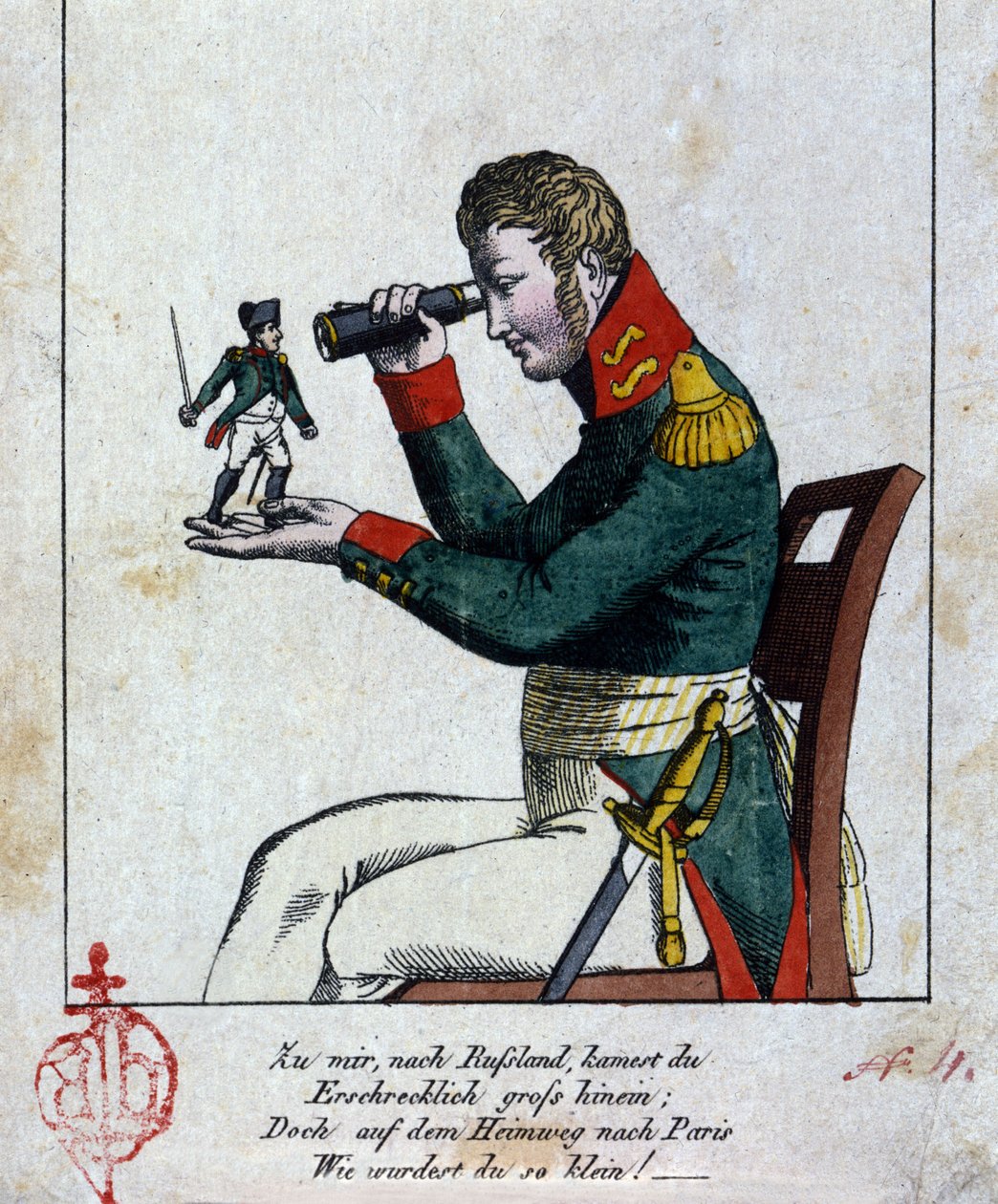 Napoleon I: ruské tažení Doma, v Rusku, jsi přišel strašně velký, ale na cestě zpět do Paříže jsi byl (stal se) malý! (navíc se to rýmuje!!!) Polibek. Německá karikatura 19. století od German School