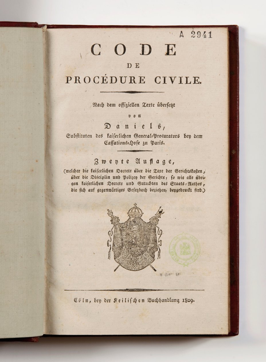 Napoleonský občanský soudní řád pro francouzské departementy na levém břehu Rýna, otevřený na titulní straně, Kolín, 1809 (tištěný papír) od German School