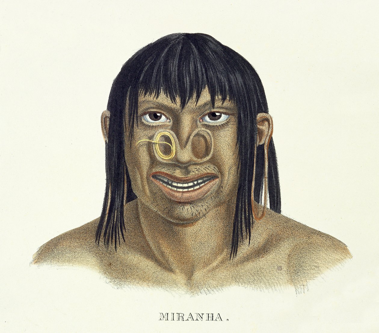 Domorodý muž z kmene Miranha, s ozdobou nosu, z Atlasu cesty v Brazílii od Johanna Baptista von Spix (1781-1826) a Karla Friedricha Philippa Martia (1794-1868), vydáno kolem 1835-50 (kol. od German School