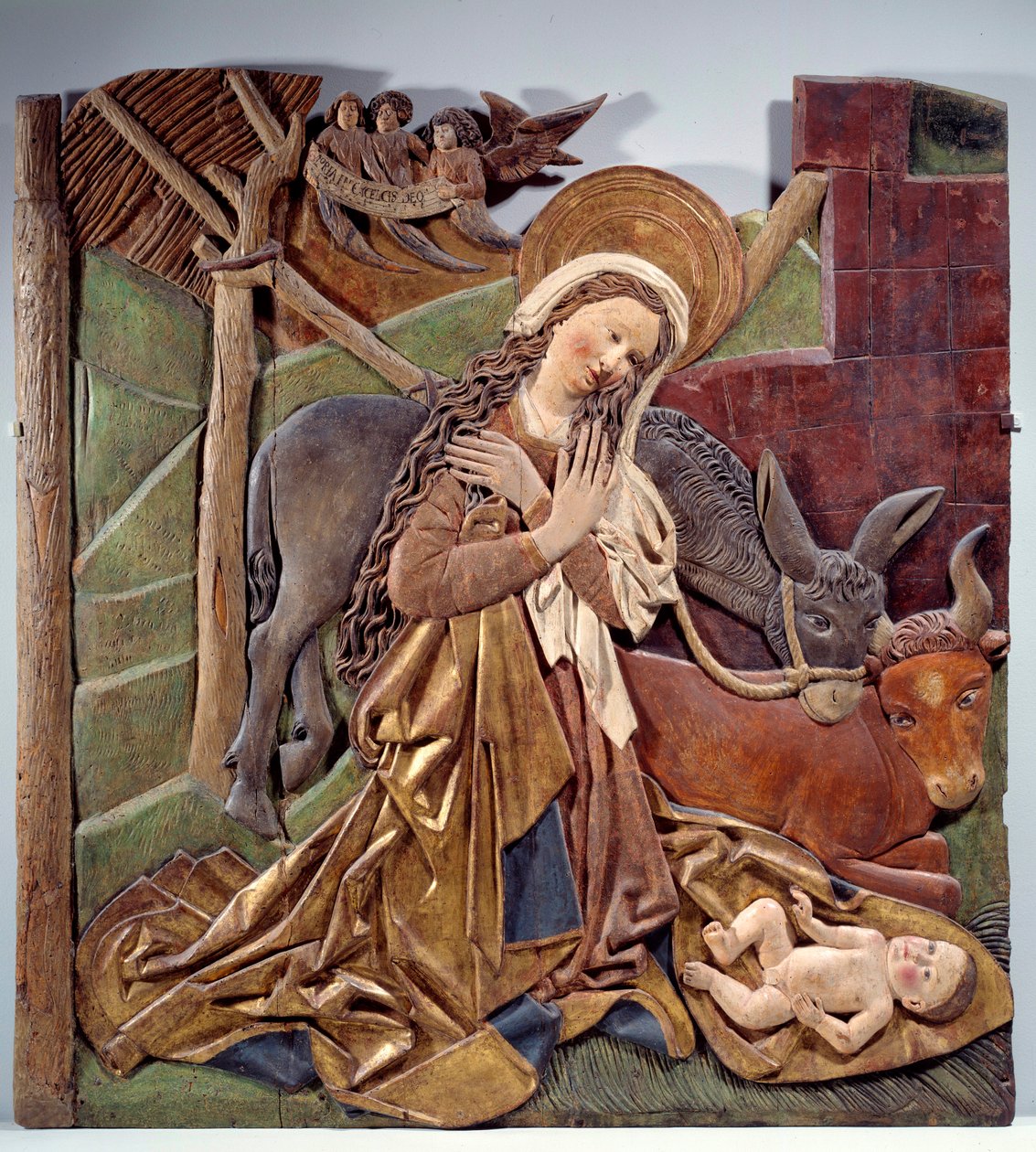 Nativite Reliéf na vnitřní straně oltářního obrazu z polychromovaného dřeva německé školy. 1510 Rozm. 1,12x1,11 m Paříž, Musee du Louvre od German School