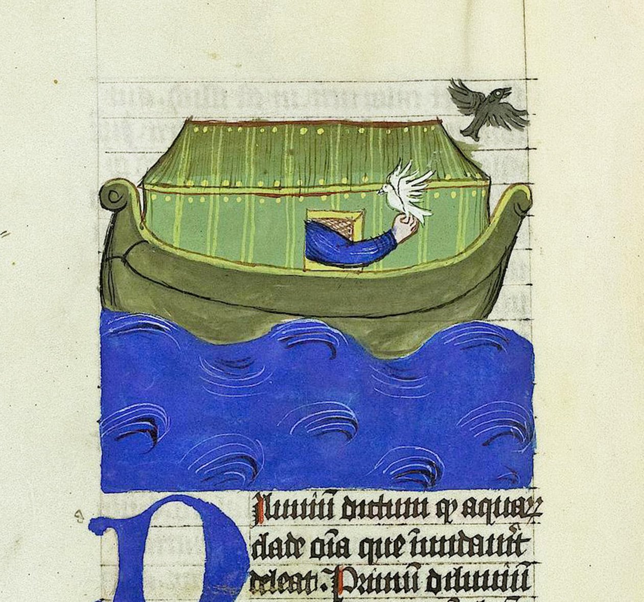 Noe vypouští holubici a havrana, De Rerum Natura - Rabanus Maurus, kolem 1425 (kvaš na Vellum) od German School