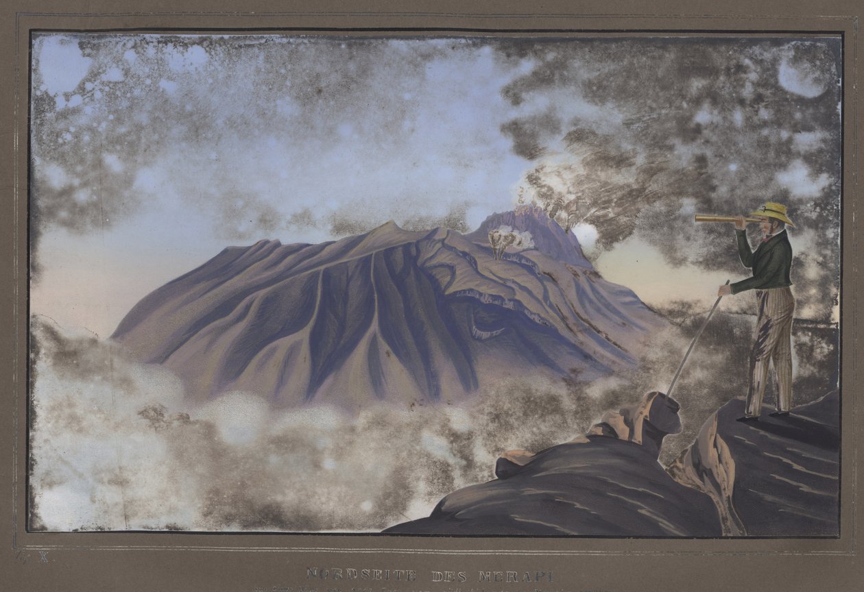 Severní strana Merapi při pohledu z jižního svahu Merbabu, pl.X, z Topographischer und Naturwissenschaftlicher Atlas zur Reise durch Java, od Dr. Paní Junghuhn, Magdeburg, 1845 (barevná lit od German School