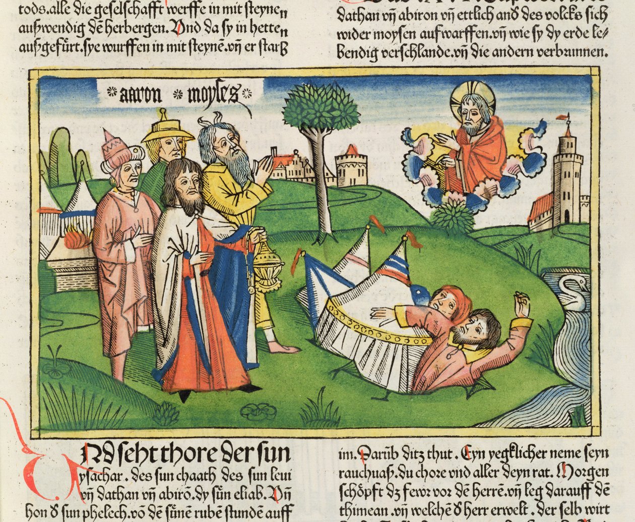 Numeri 16 32 Země pohlcuje vzbouřence Dátana a Abirama, z Norimberské bible (Biblia Sacra Germanaica) (kolorovaný dřevoryt) od German School