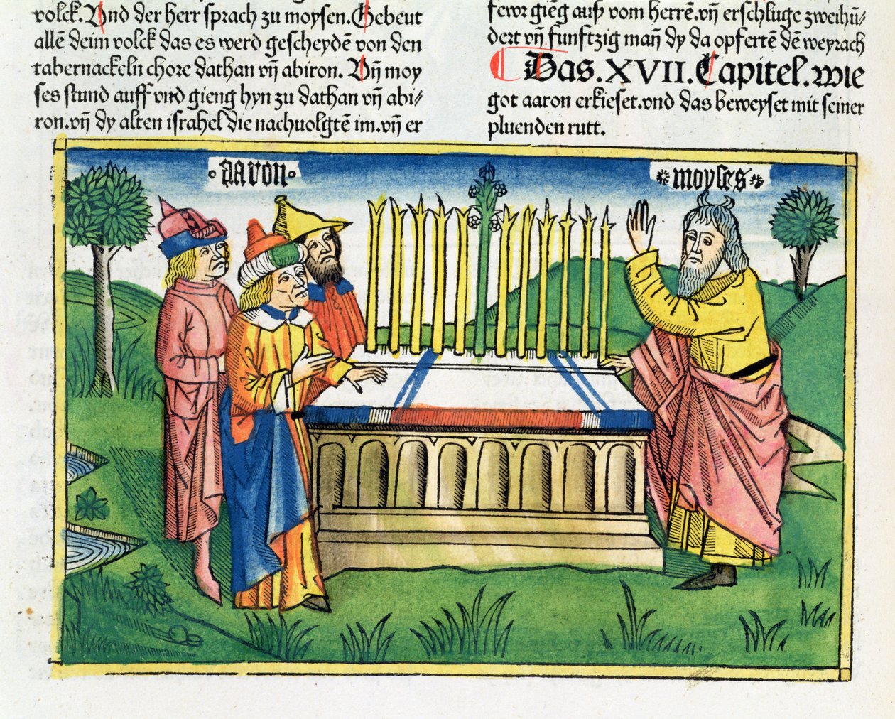 Numeri 17 1-11 Áronova hůl rozkvétá na oltáři, z Norimberské bible (Biblia Sacra Germanaica) (kolorovaný dřevoryt) od German School