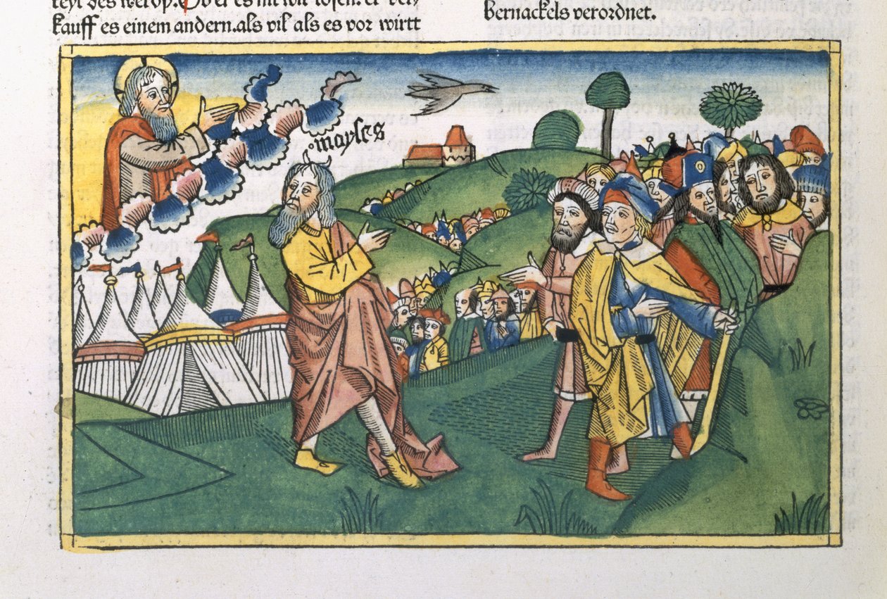 Čísla 1 1-20 Příprava na cestu z hory Sinaj, z norimberské bible (Biblia Sacra Germanaica) (barevný dřevoryt) od German School