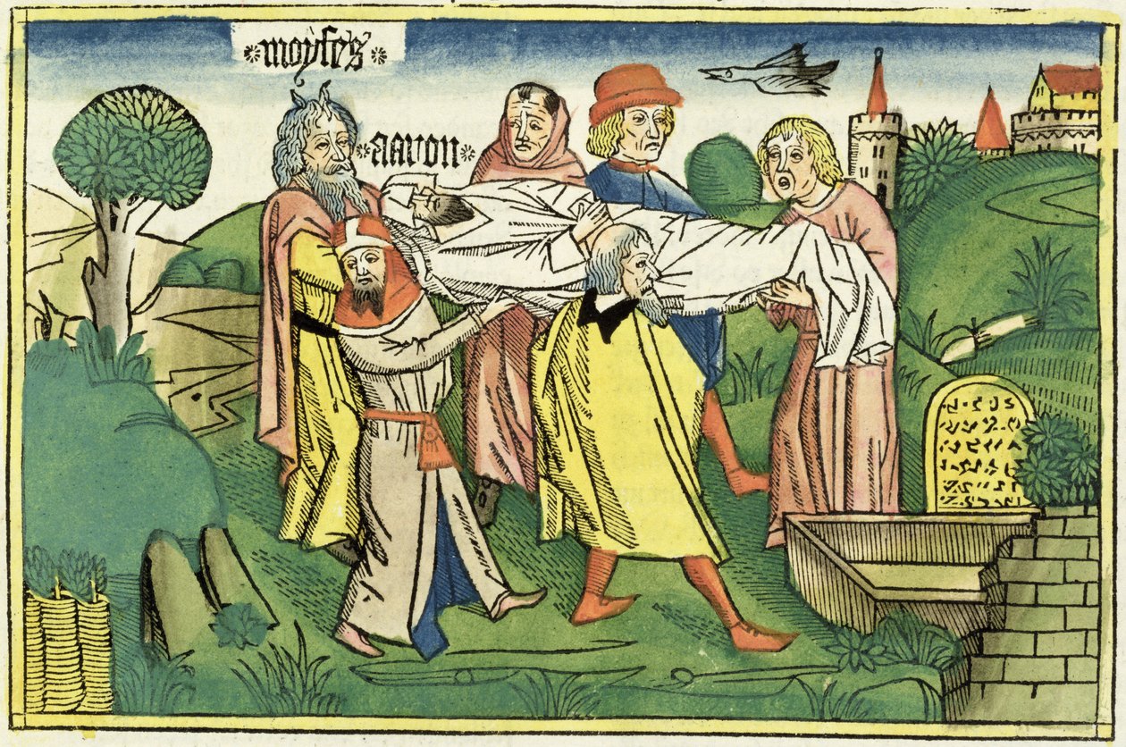 Čísla 20 22-29 Smrt Árona, z norimberské bible (Biblia Sacra Germanaica) (barevný dřevoryt) od German School