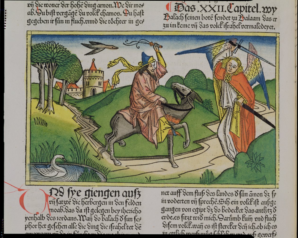 Čísla 22 20-35 Balaams mluvící osel, z norimberské bible (Biblia Sacra Germanaica) (barevný dřevoryt) od German School