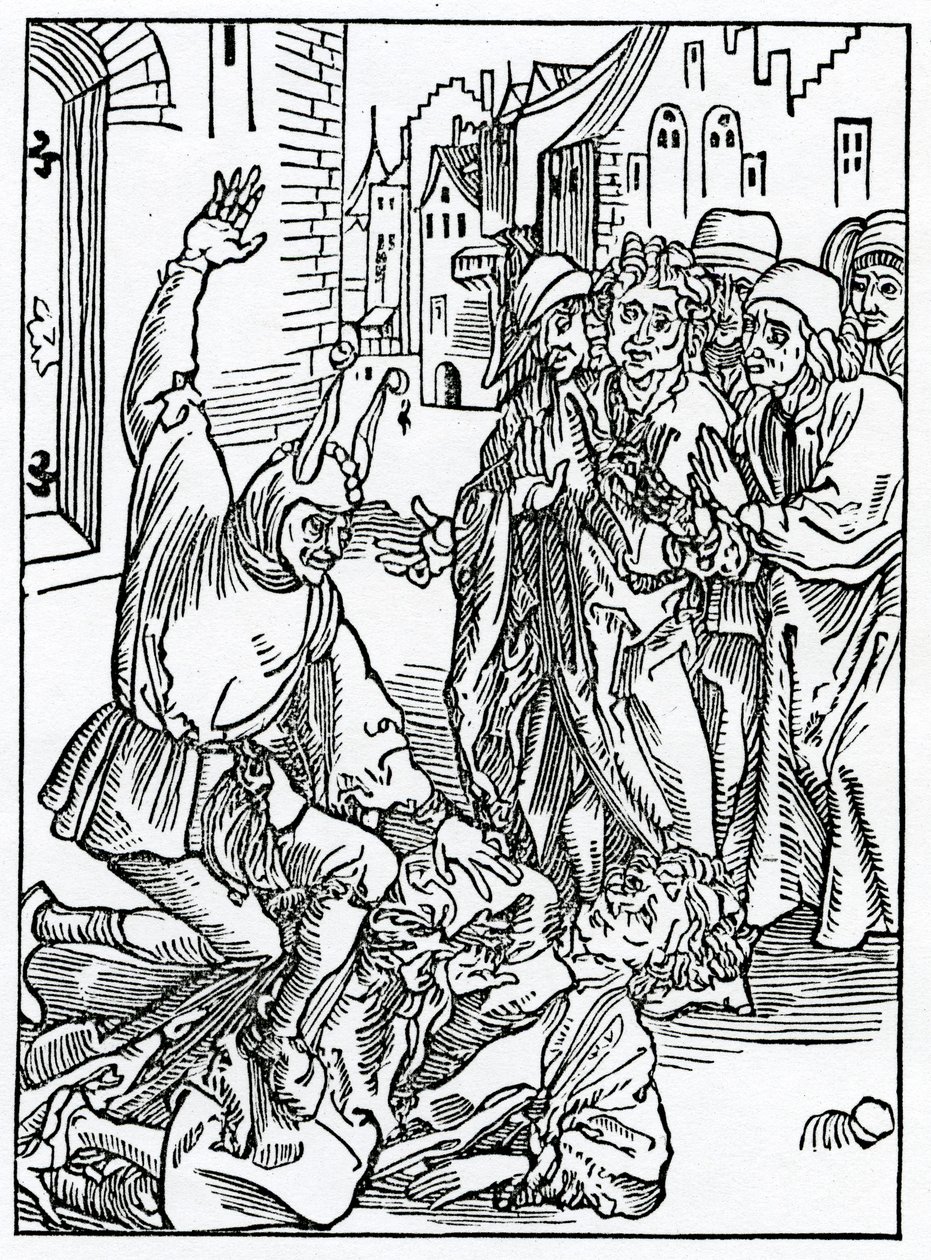 O brekynge a painynge amytu a frendshypu, ilustrace z anglického překladu Alexandra Barclaye „The Ship of Fools“, z vydání vydaného v roce 1874 od German School