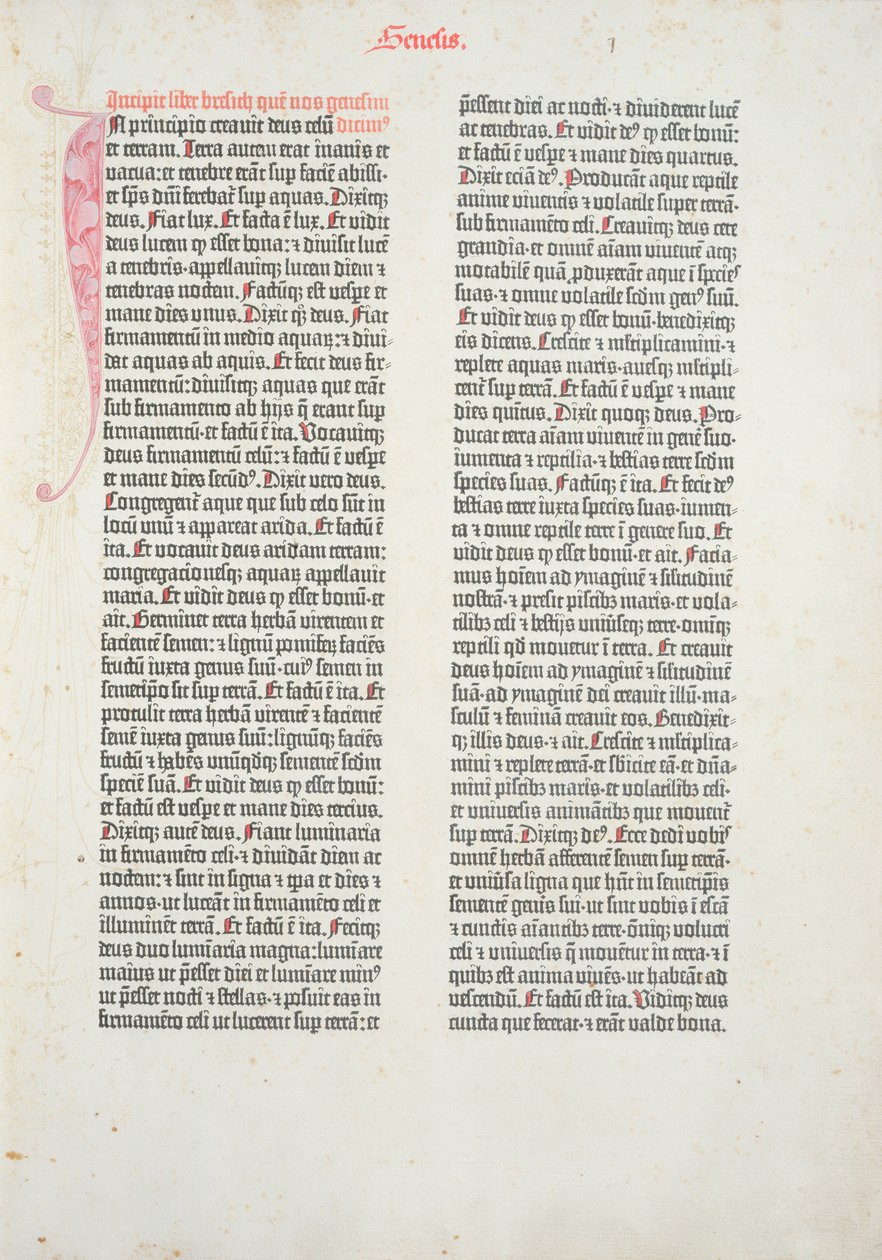 Úvodní stránka knihy Genesis z Gutenbergovy bible, kterou vytiskli Johannes Gutenberg (asi 1400-68) a Peter Schoeffer (1425-1502) v Mohuči, 1454-56 (tištěný papír) od German School