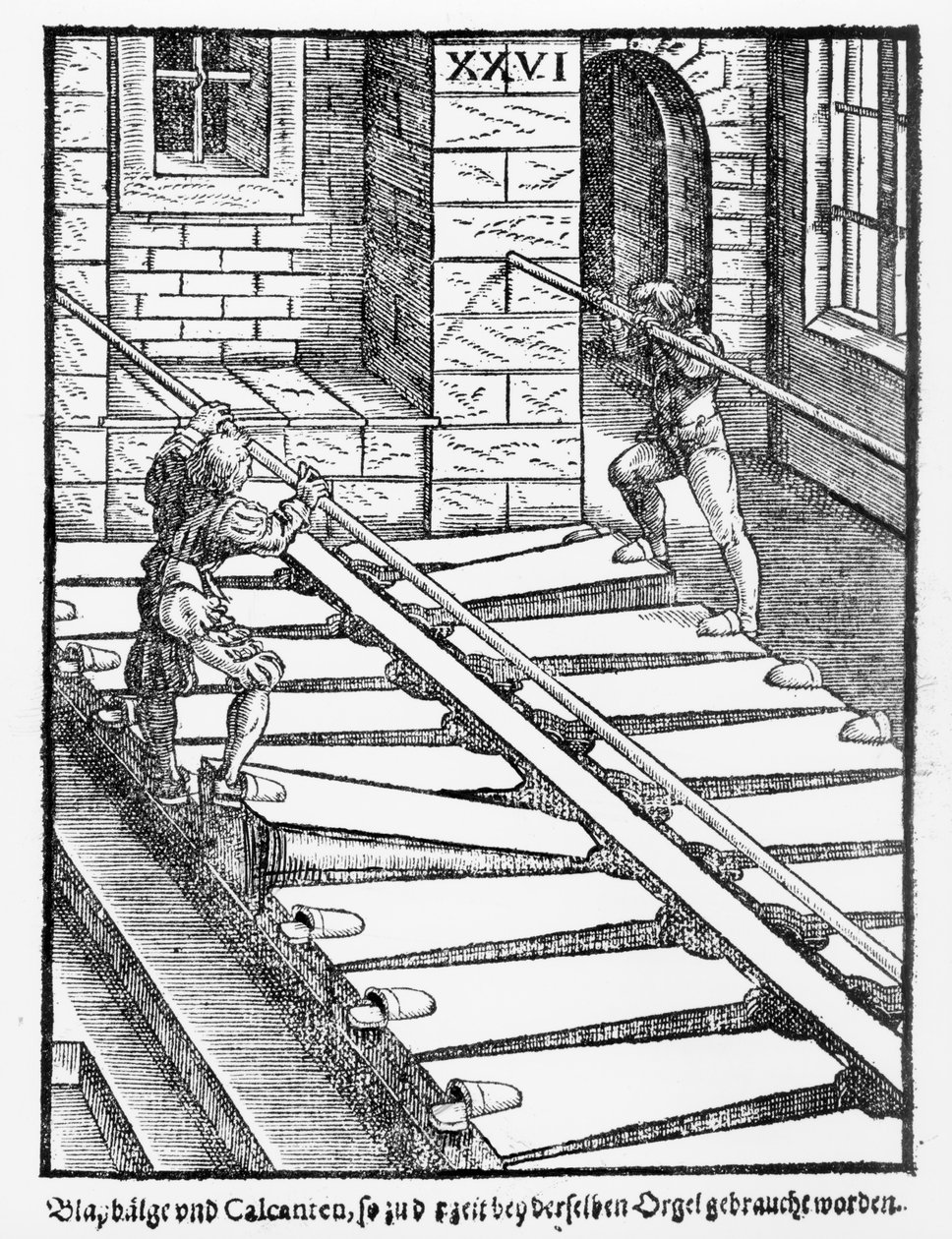 Varhanní měchy a dmychadla v katedrále v Halberstadtu, z knihy Praetorious Syntagma Musicum, vydané v roce 1619 od German School