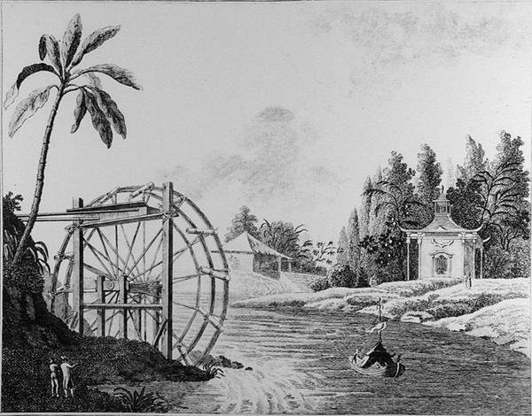 Okrasné vodní kolo s čínským pavilonem a plachetnicí, z „Nedávné nové nápady pro zahradu“, vydané 1779 (rytina) (černobílá fotografie) od German School