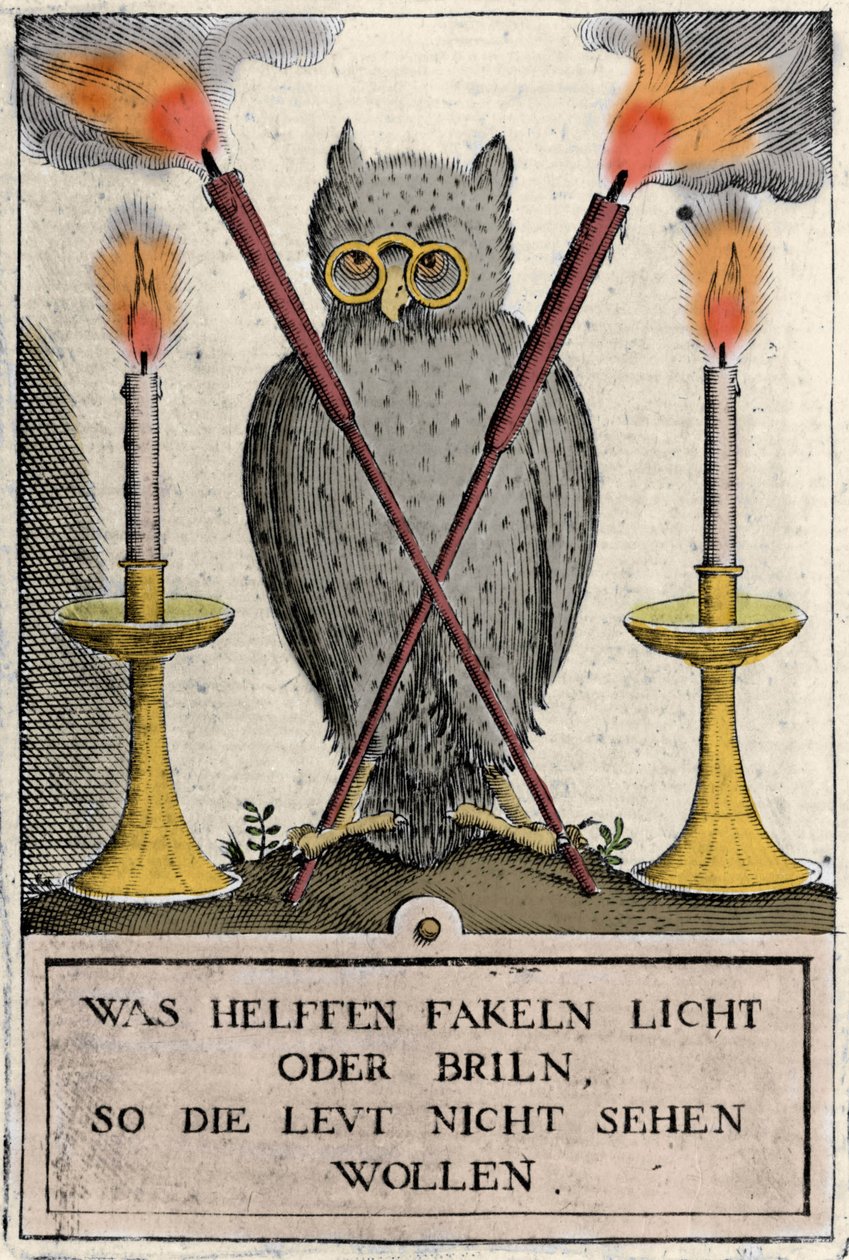Sova s brýlemi, symbol moudrosti. Rytina „Amphitheatrum sapientiae aeternae“. (Amfiteátr věčné moudrosti) (Hamburk: n.n. od German School