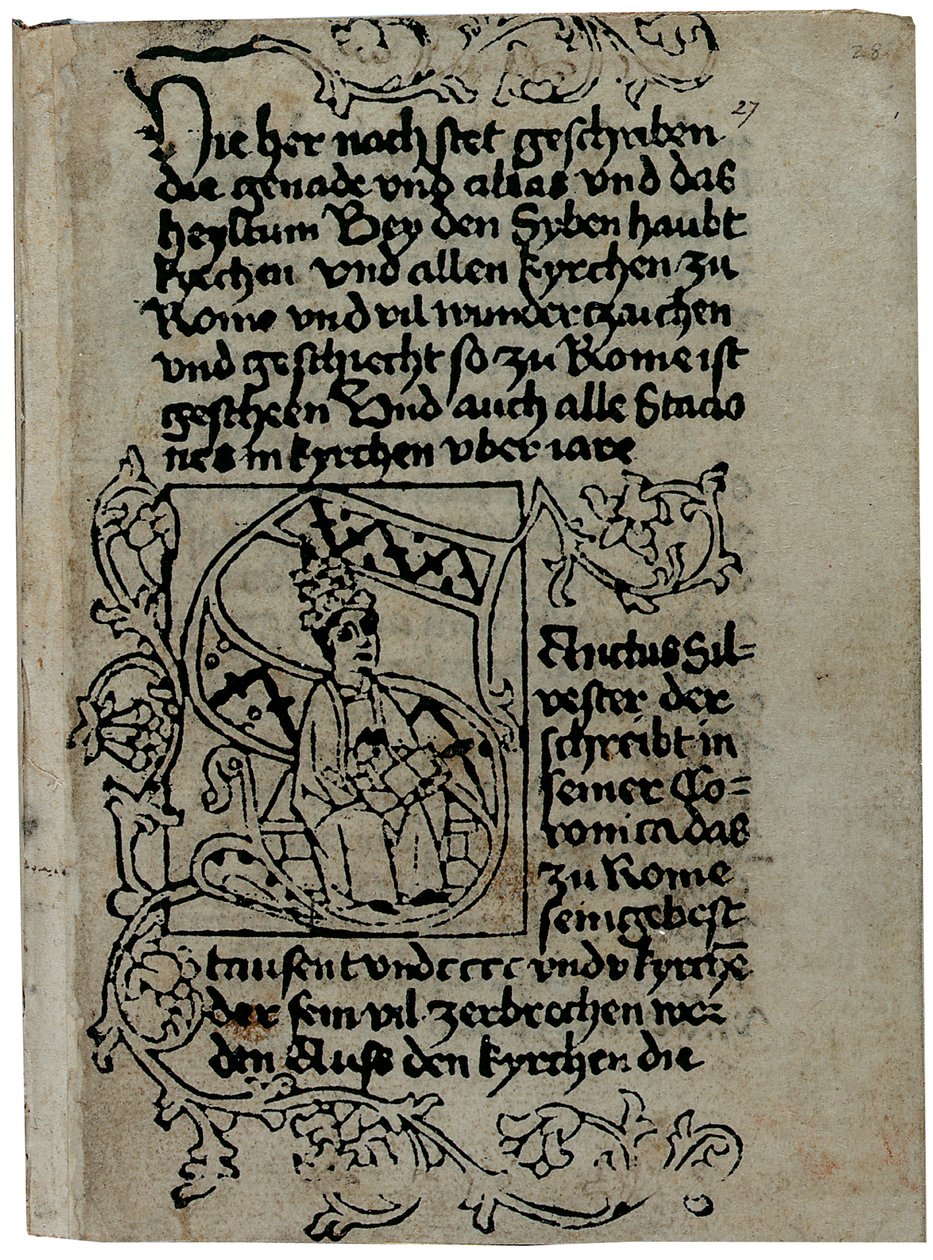 Stránka z německého výtisku „The Mirabilia of Rome“ od Pseudo-Aegidius Romanus, možná vydaného Ulrichem Hanem, Řím, kolem roku 1475 (dřevořez a pero a inkoust na pergamenu) od German School