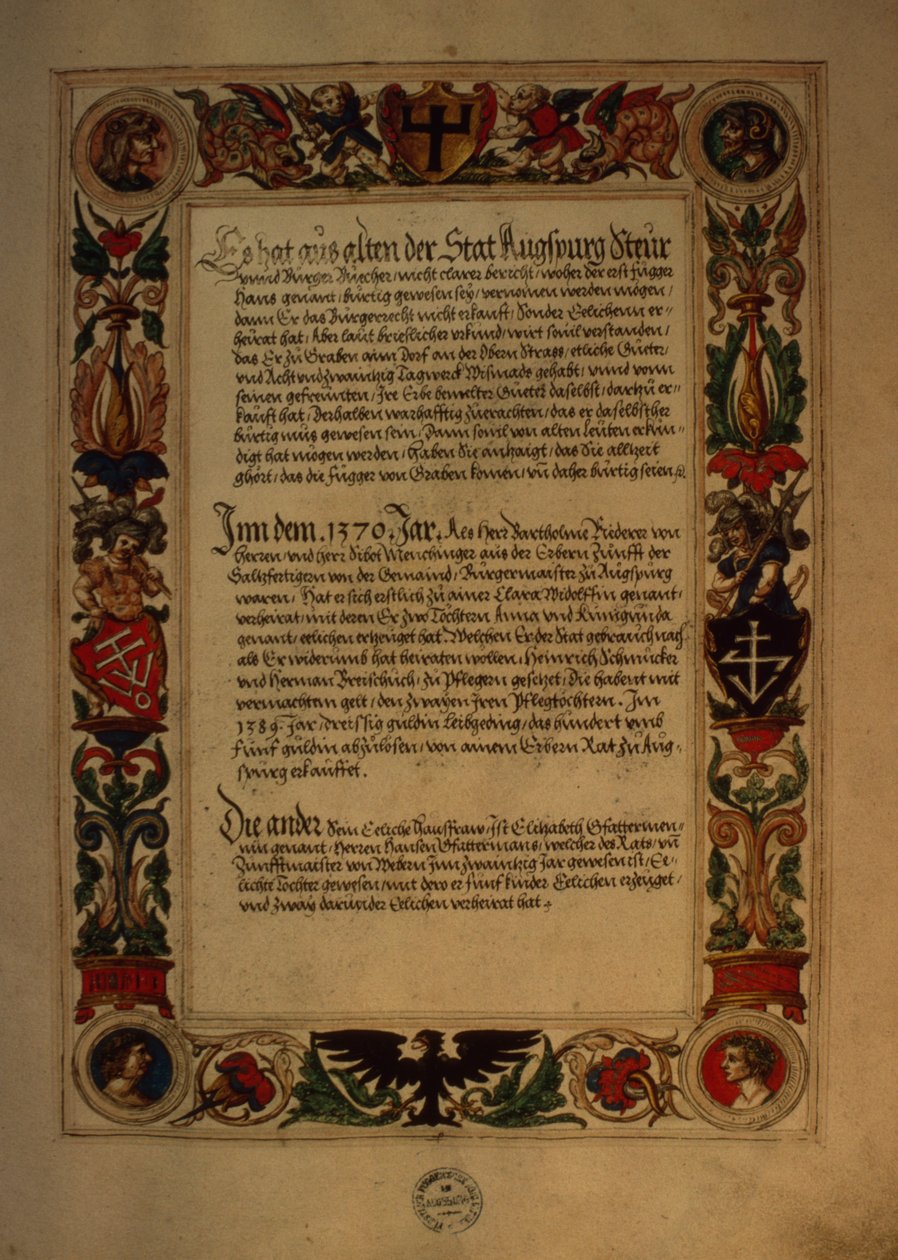 Stránka z Tajné knihy cti rodiny Fuggerů od German School