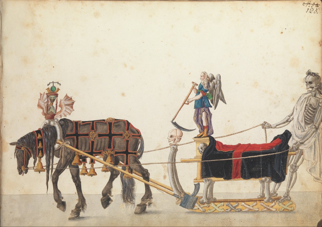 Slavnostní sáně v průvodu, cca 1640 (pero a inkoust, akvarel a barvy) od German School