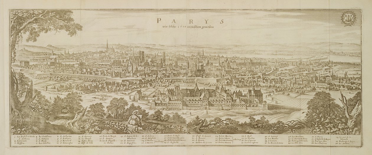 Panoramatický pohled na Paříž v roce 1620, z Topographia Galliae od Martina Zeillera (1589-1661) publikované 1655 od German School