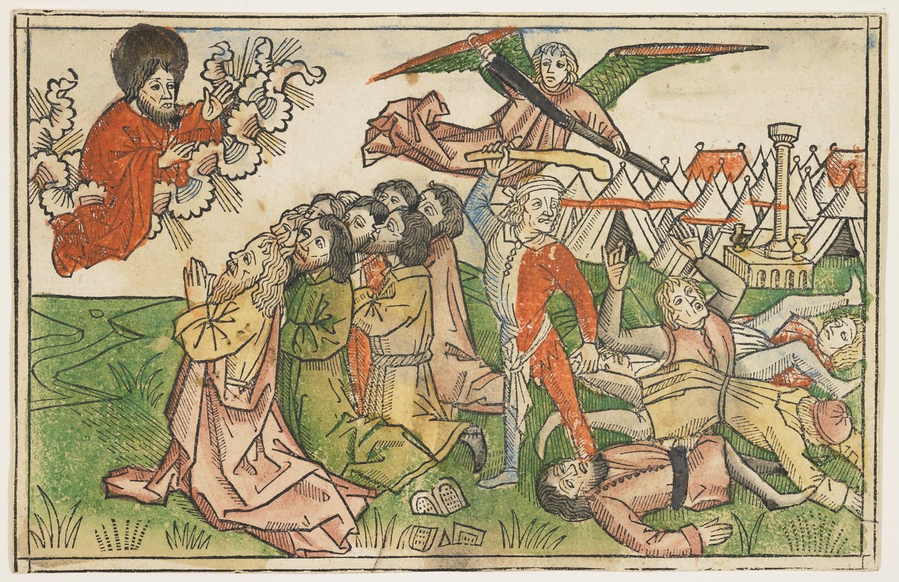 Lidé Izraele potrestaní za uctívání falešných bohů kolem roku 1478, z The Koberger Bible, Norimberk, 1483 (ručně kolorovaný dřevoryt) od German School