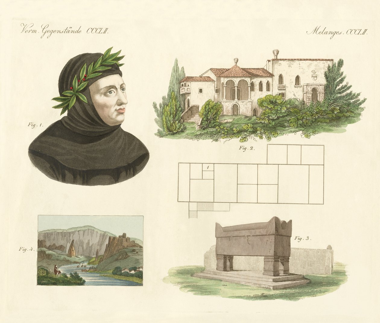 Petrarca, Jeho byt v Arqua, Jeho hrobka spolu s pohledem na Vaucluse (barevná rytina) od German School