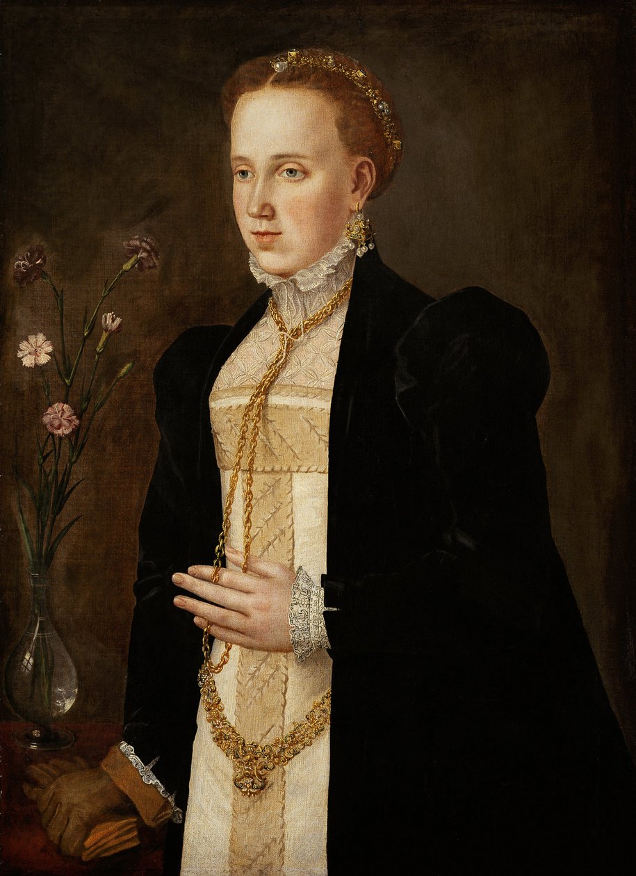 Philippine Welser (manželka Ferdinanda II. Tyrolského nebo Habsburského) - Portrét filipínského Welsera (1527-1580), od jihoněmeckého mistra (16. století). Olej na plátně, cca 1557. Uměleckohistorické muzeum, Vídeň od German School