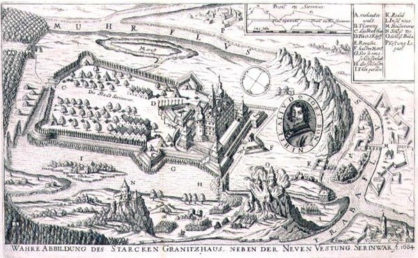 Plán žulové pevnosti u Nového Serinwaru v roce 1664, ilustrace z knihy o osmanských taženích v Evropě, vyryl Paul Furst (asi 1605-66) (rytina) od German School