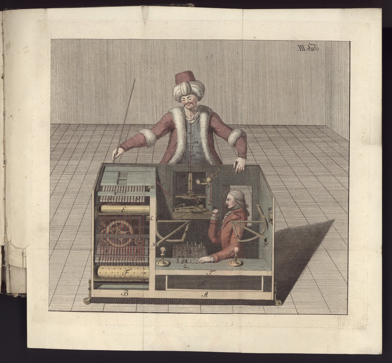 Deska III, O šachistovi pana von Kempelena a jeho replice, Lipsko a Drážďany: Joh. Gottl. Breitkopf, 1789 od German School