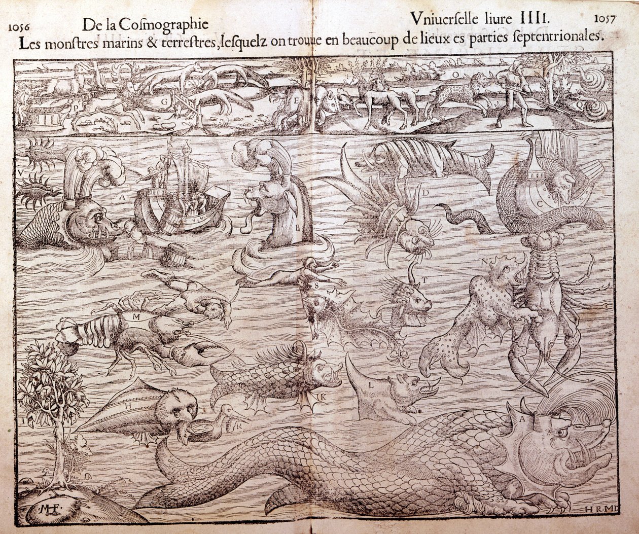 Deska představující všechny typy mořských a pozemských monster nalezených v severních oblastech: Xilografie převzatá z Universal Cosmography Sebastiena Munstera. Žok od German School