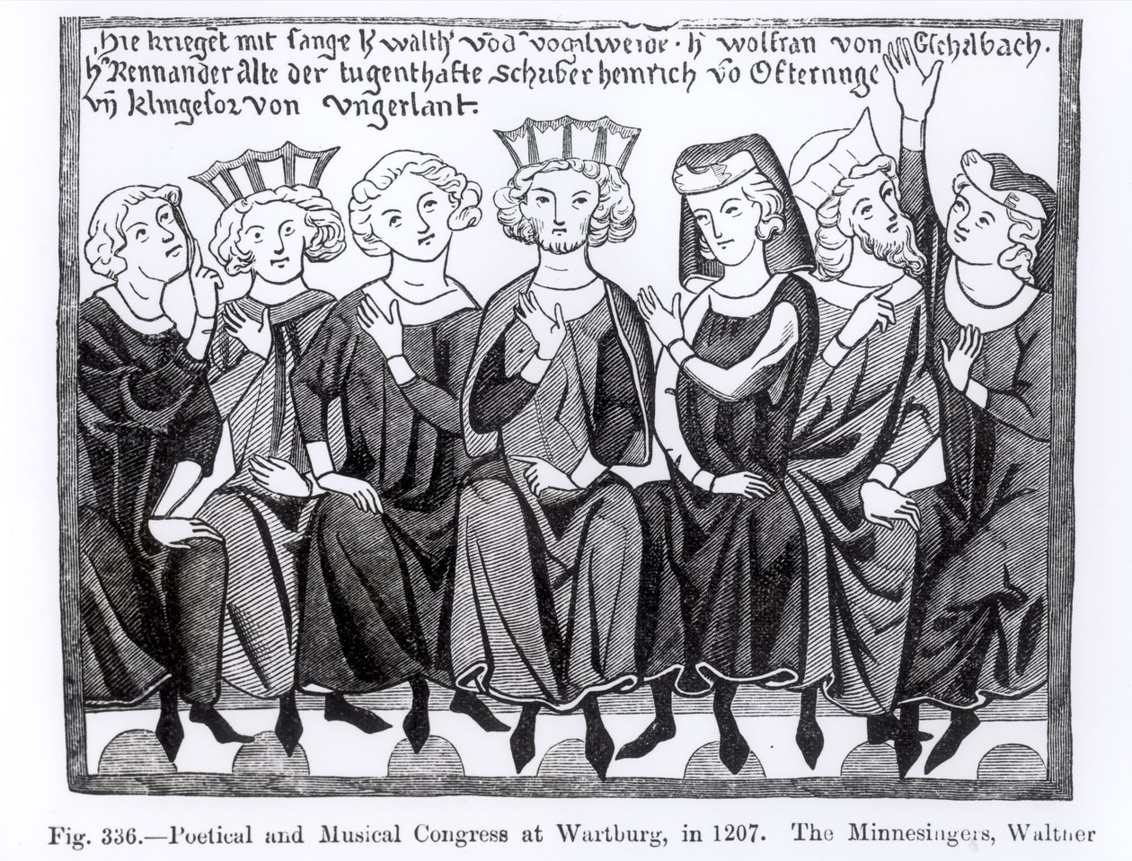 Poetický a hudební kongres, Wartburg, 1207, ilustrace z Vědy a literatury ve středověku a renesanci, napsal a vyryl Paul Lacroix, 1878 od German School