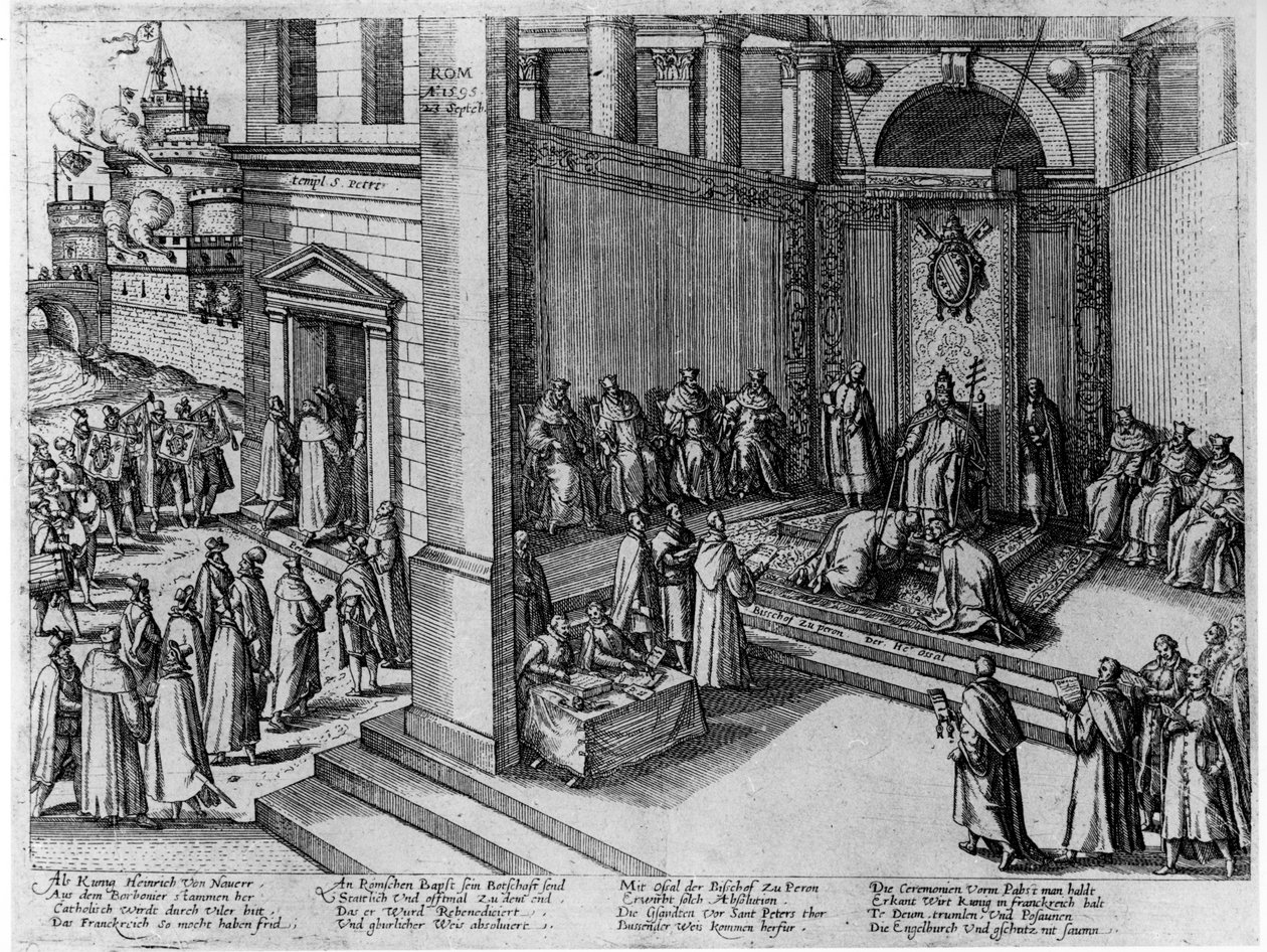 Papež Klement VIII přijímá podání francouzského krále Jindřicha IV. v St. Peters dne 23. září 1595 od German School