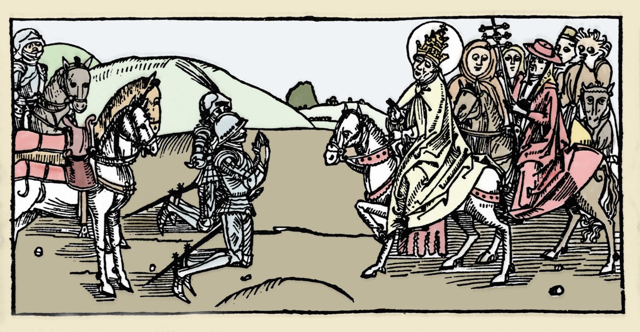 Papež Leon I. se setkává s Attilou a Arrete - Invaze barbarů - Rytina z „Leben der Heiligen - sommerteil“ (Kniha světce) od Jacoba (Jakub) z Voragine (1228-1298). Lubeck 1488. od German School