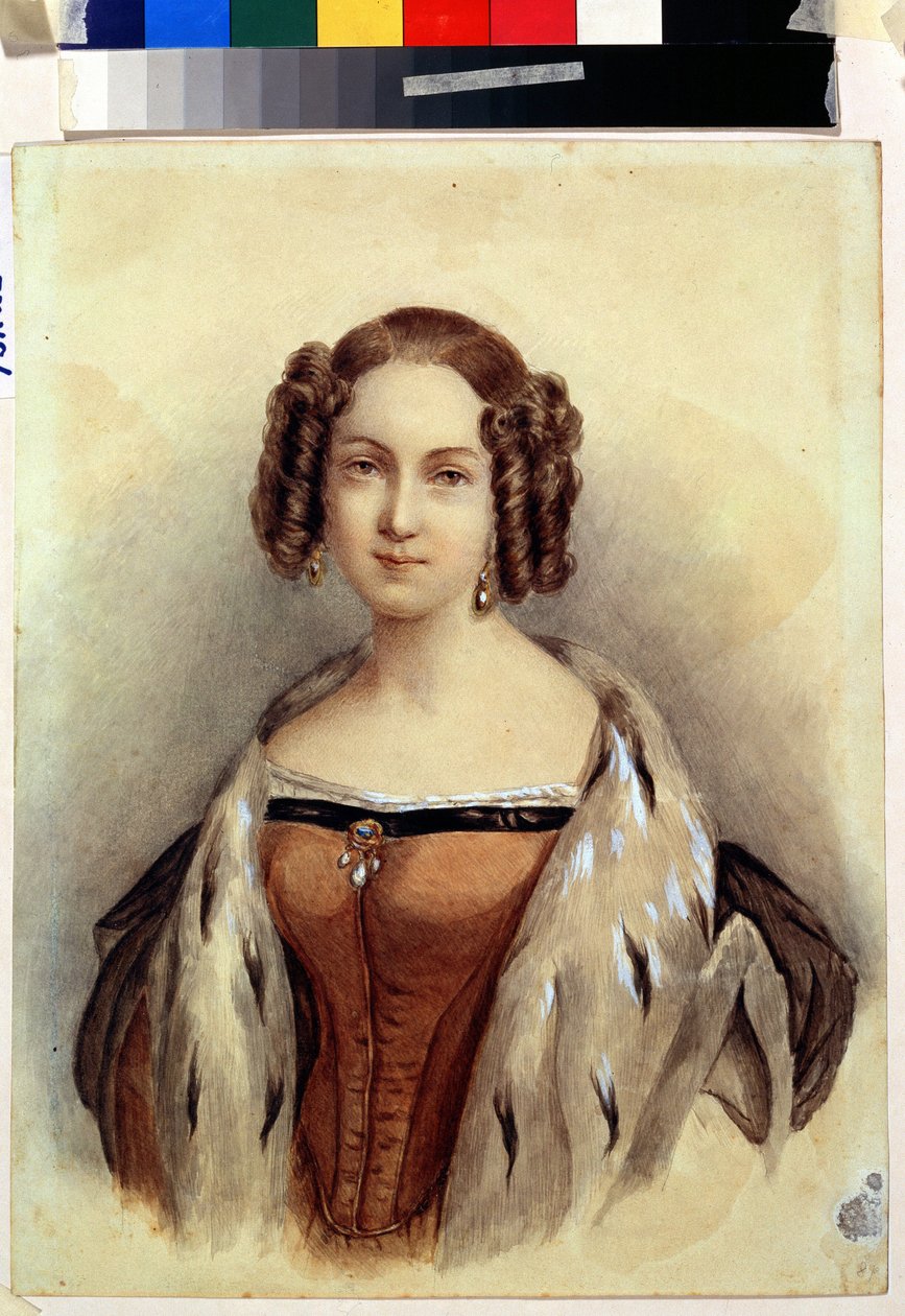 Portrét princezny Marie Hessenské a Rýnské (1824-1880), která se stane ruskou císařovnou (Portrét princezny Marie Hessenské a Rýnské, budoucí císařovny Ruska). Anonymní malování. Akvarel na papíře, 39,3 x 23 cm, konec 1830. Německé umění od German School