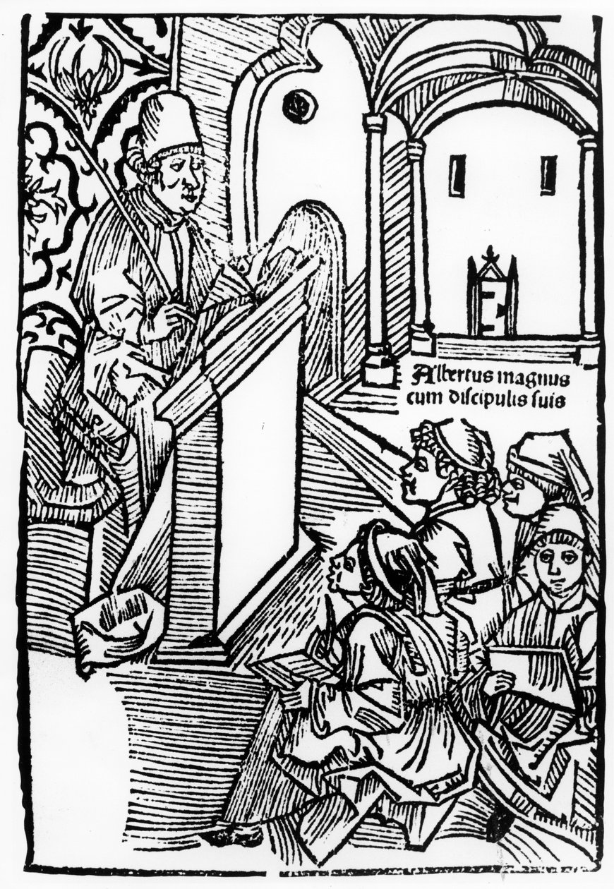 Portrét Alberta Magnuse s některými jeho žáky, ilustrace k titulní straně Epitomata, reparace nebo celá přírodní filozofie Aristotela. od Gerarduse de Harderwyck, zveřejněno 14 od German School